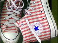 Chucks with Geometric Pattern Uppers  Peppermint candy striped high tops, patch and top views.