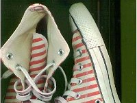 Chucks with Geometric Pattern Uppers  Peppermint candy striped high tops, inside sole and side views.