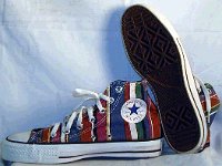 Chucks with Geometric Pattern Uppers  Cardinal red and navy blue variable striped pattern high tops, inside patch and sole views.