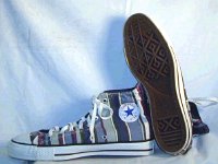 Chucks with Geometric Pattern Uppers  Blue and olive variable striped pattern high tops, inside patch and sole views.