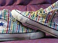 Chucks with Geometric Pattern Uppers  Candy stripe high tops, inside patch views.