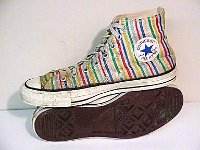 Chucks with Geometric Pattern Uppers  Candy striped high tops, inside patch and sole views.