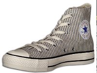 Chucks with Geometric Pattern Uppers  Angled inside patch view of a right striped denim high top.