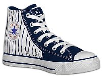 Chucks with Geometric Pattern Uppers  Angled inside patch view of a left navy blue and white striped high top.