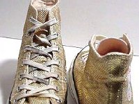 Chucks with Geometric Pattern Uppers  Woven gold high tops, front and rear views.