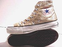 Chucks with Geometric Pattern Uppers  Woven gold pattern high tops, inside patch and sole views.