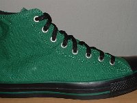 Goth High Top Chucks  Right green and black Goth high top, outside view.