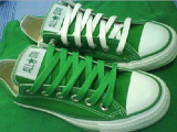 Green Low Cut (Oxford) Chucks  Angled top view of Celtic green low cut chucks with green and white shoelaces.