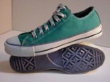 Green Low Cut (Oxford) Chucks  Outside and sole views of turquoise low cut chucks.