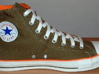 Green and Orange Foldover High Top Chucks  Inside patch view of a left olive green and orange foldover.