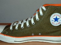 Green and Orange Foldover High Top Chucks  Inside patch view of a right olive green and orange foldover.