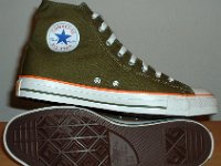 Green and Orange Foldover High Top Chucks  Sole and inside patch views of olive green and orange foldovers.