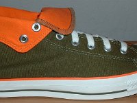 Green and Orange Foldover High Top Chucks  Outside view of a right olive green and orange foldover rolled down to the sixth eyelet.