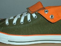 Green and Orange Foldover High Top Chucks  Outside view of a left olive green and orange foldover rolled down to the sixth eyelet.