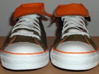 Green and Orange Foldover High Top Chucks  Front view of olive green and orange foldovers rolled down to the sixth eyelet.
