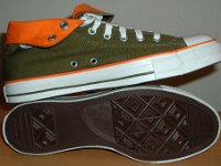Green and Orange Foldover High Top Chucks  Inside patch and sole views of olive green and orange foldovers rolled down to the sixth eyelet.