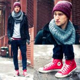 Guys Wearing Red Chucks  Guy wearing red high top chucks with a maroon knit cap, light blue sweater, navy blue jacket and jeans, and a white pullover