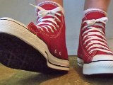 jesterredhi15  Wearing jester red high top chucks, front view 2.