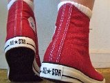 jesterredhi19  Wearing jester red high top chucks, rear view 2.