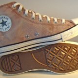 Kava Bliss Washed Canvas High Top Chucks  Inside patch and sole views of Kava Bliss high tops.