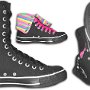 Knee High Chucks  Black monochrome high with neon striped interior and white trim, inside patch, folded down interior, and sole views.