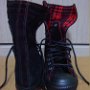 Knee High Chucks  Black monochrome knee high with red plaid interior, front and rear views.