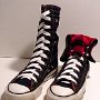 Knee High Chucks  Black knee high with red plaid interior, angled front views.