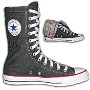 Knee High Chucks  Dark blue denim extra high with plaid interior and red and white trim, inside patch and folded down interior views.