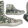 Knee High Chucks  Camouflage knee high with army green interior, inside patch, folded down interior patch, and sole views.