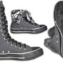 Knee High Chucks  Charcoal and black knee high with white trim and grey camouflage interior, inside patch, folded down interior, and sole views.