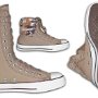 Knee High Chucks  Dark khaki with brown and white trim and brown camouflage interior, inside patch, folded down interior patch, and sole views.