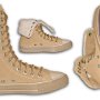 Knee High Chucks  Khaki suede knee high with parchment interior, inside patch, folded down interior, and sole views.