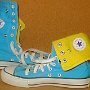 Knee High Chucks  Light blue and yellow knee highs, side view.