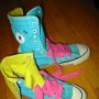Knee High Chucks  Light blue and yellow knee highs with wide pink laces, top and angled side views.
