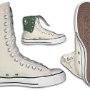 Knee High Chucks  Off white and green knee highs, full height inside patch, folded down interior patch, and sole views.