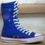 Knee High Chucks  Inside patch view of a left royal blue and pattern knee high.