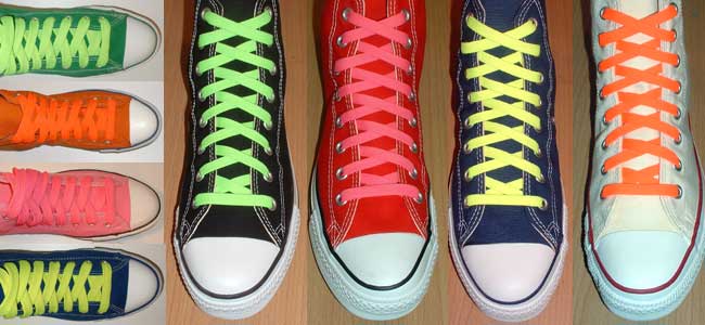 Wide and classic neon shoelaces shown on high top chucks