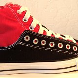 Layer Up High-Low Chucks  Outside view of a right black and red layer up high top.
