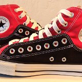 Layer Up High-Low Chucks  Inside patch views of black and red layer up high tops.