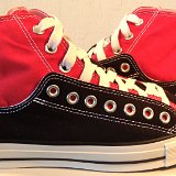 Layer Up High-Low Chucks  Outside views of black and red layer up high tops with white shoelaces.