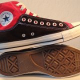 Layer Up High-Low Chucks  Inside patch and sole views of black and red layer up high tops with white shoelaces.