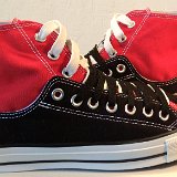 Layer Up High-Low Chucks  Outside views of black and red layer up high tops with black and white shoelaces.