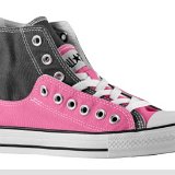 Layer Up High-Low Chucks  Outside view of a right charcoal and pink layer up high top.