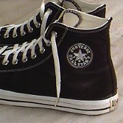 Leather Chucks  Black jewel high tops, outside patch view.