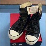 Leather Chucks  Black leather velcro strap high tops with box, top view