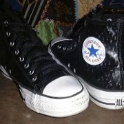 Leather Chucks  Black leather high tops with black laces, front and rear views.