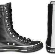Leather Chucks  Black monochrome leather extra high tops, side and rear views.