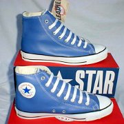Leather Chucks  Bright blue leather high tops with  box, side views.