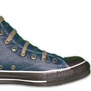 Leather Chucks  Denim blue Euro leather high tops, inside patch and rear views.