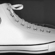 Leather Chucks  White leather jewel high top, outside view.
